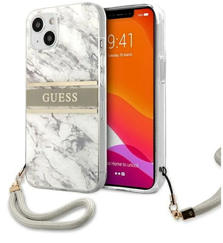 Guess iPhone 13 cover - with strap - marble gray
